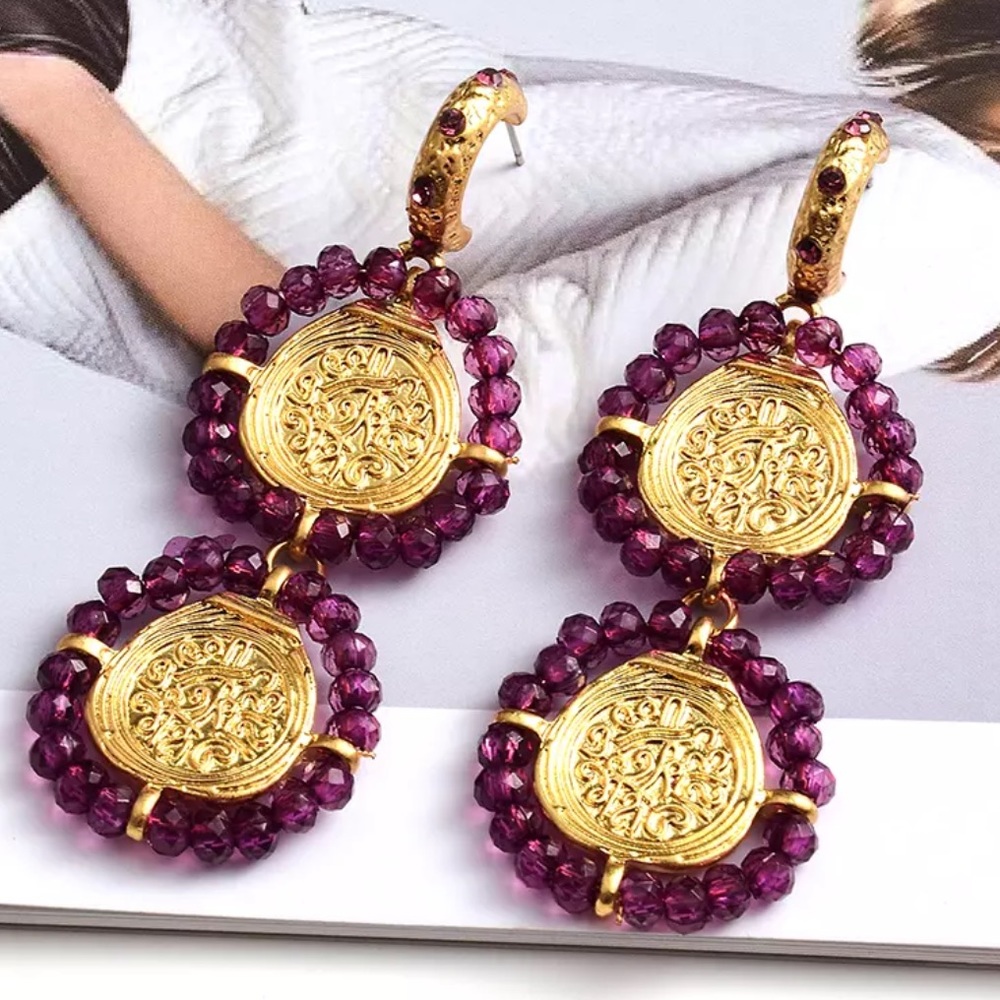 NEW Zara Purple Beaded Gold Coin Drop Earrings - Picture 2 of 4